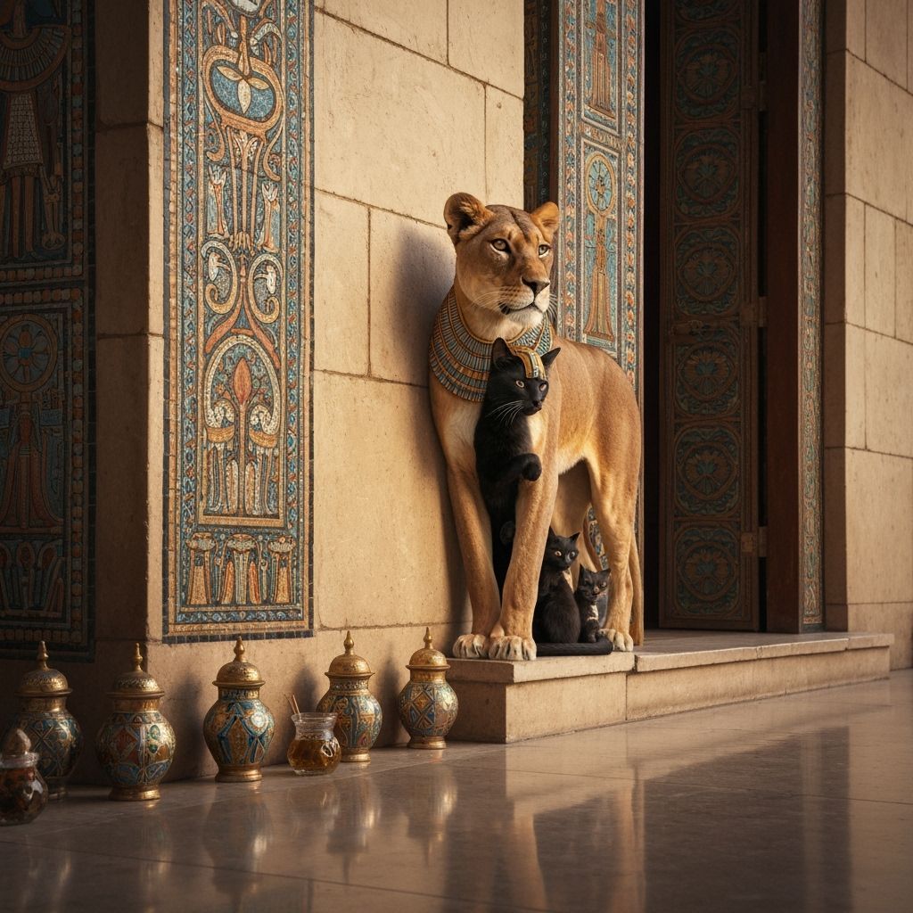Lioness Guarding Egyptian Palace in Art Nouveau Style