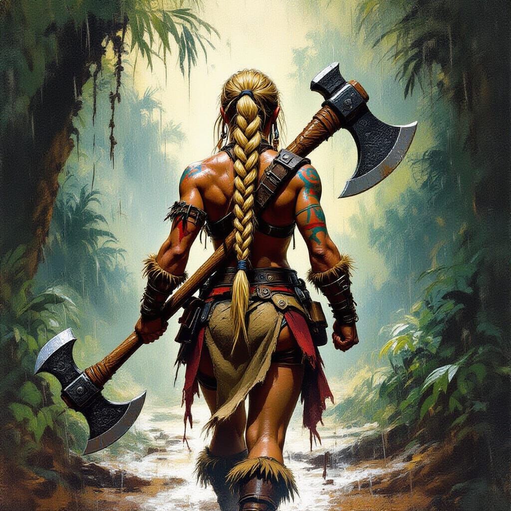 Barbarian Woman in Jungle, Dramatic Oil Painting