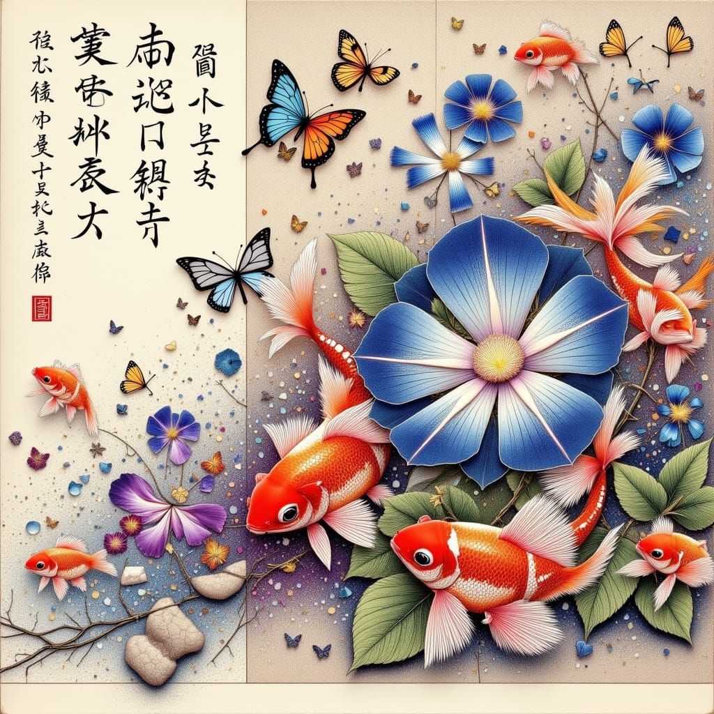 Japanese Shochu Mimai Card with Floral and Goldfish Design
