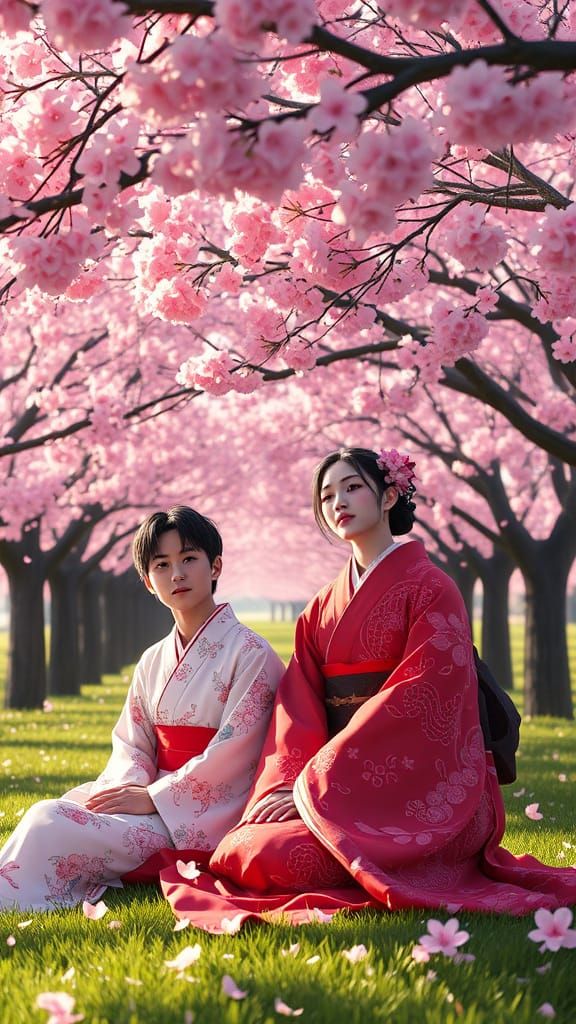Traditional Japanese Couple in Cherry Blossom Garden