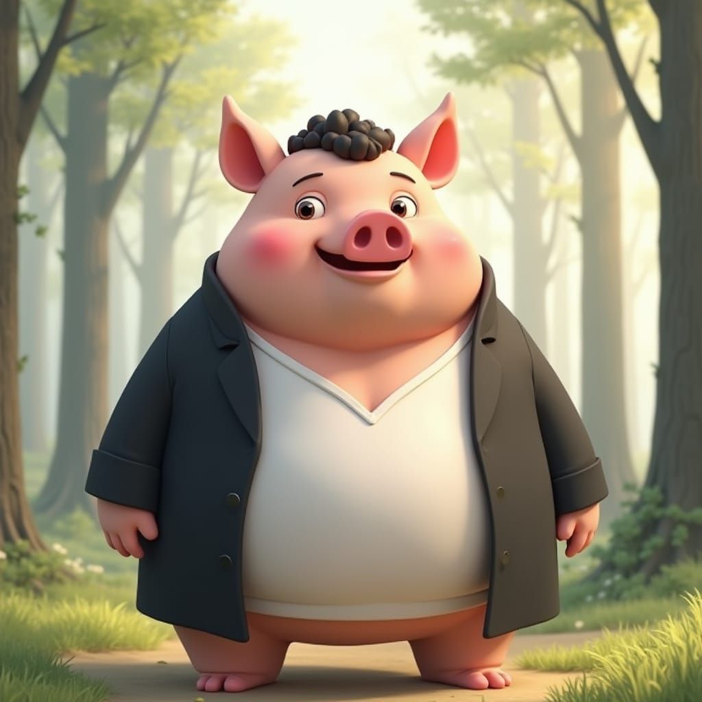 Confident Pig Character in Scandinavian Forest Scene