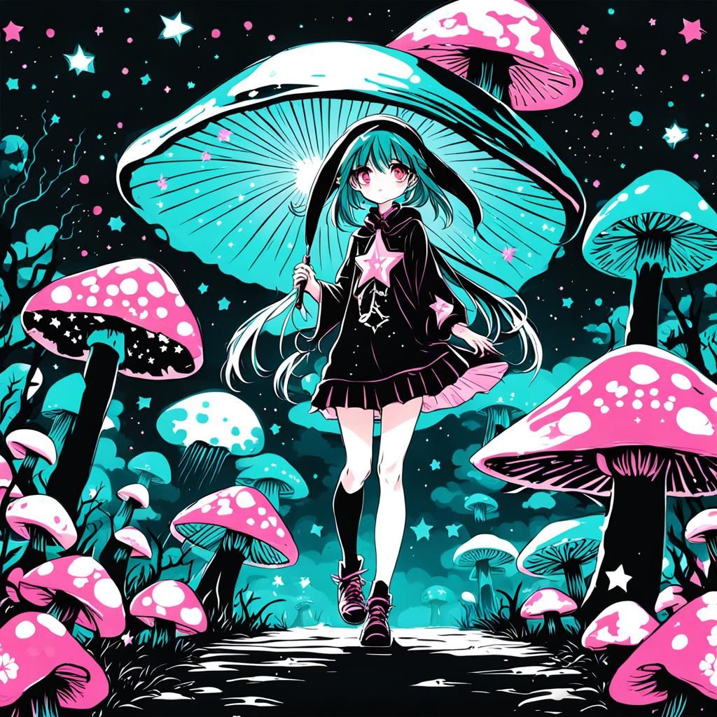 Mushroom Girl with Stars in Anime Style