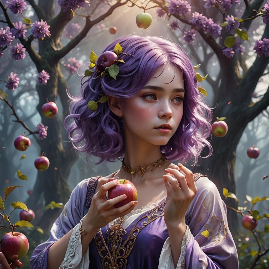 Girl with Purple Hair and Apple, Art Nouveau Style