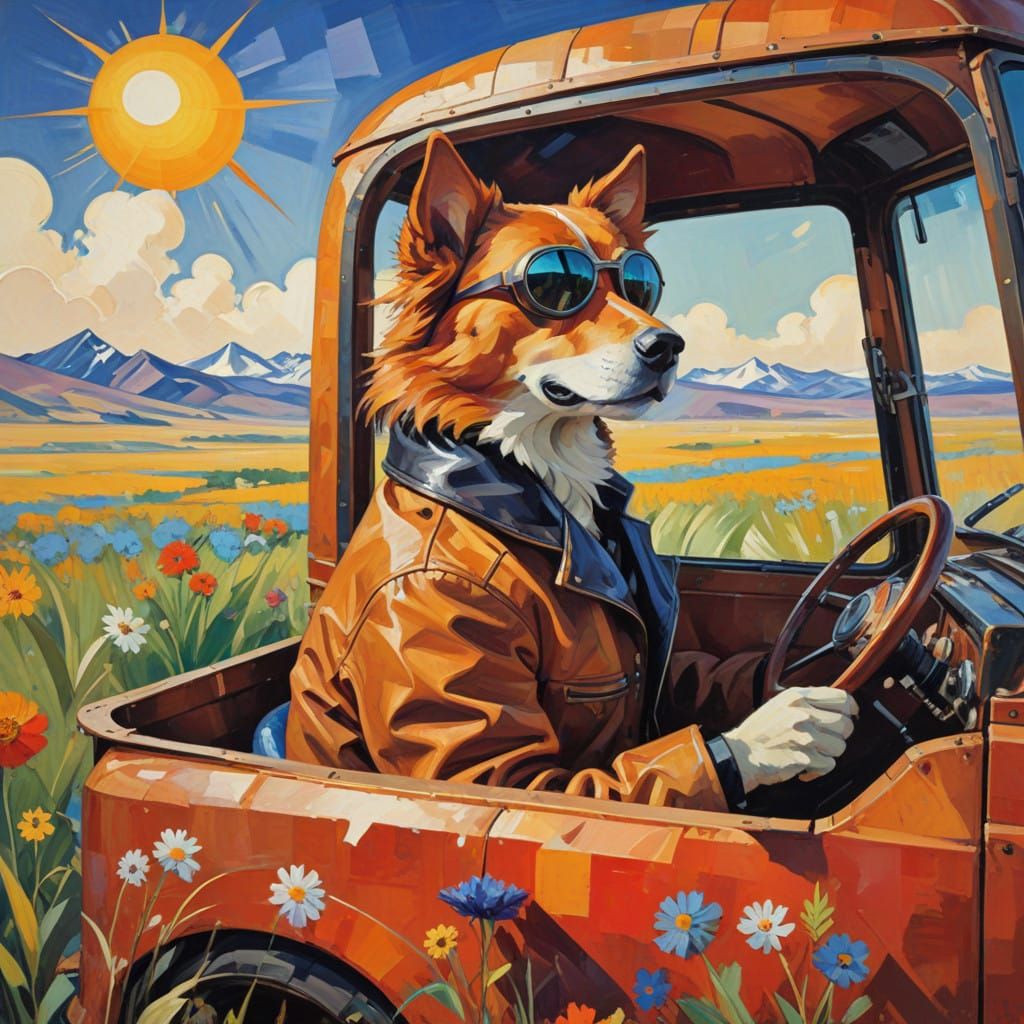 Daring Canine Driver Cruises the Steppe in a Vintage Truck