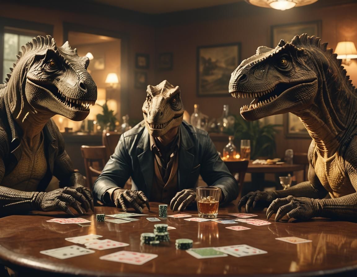 Dinosaurs Play Poker in Moody Cinematic Style