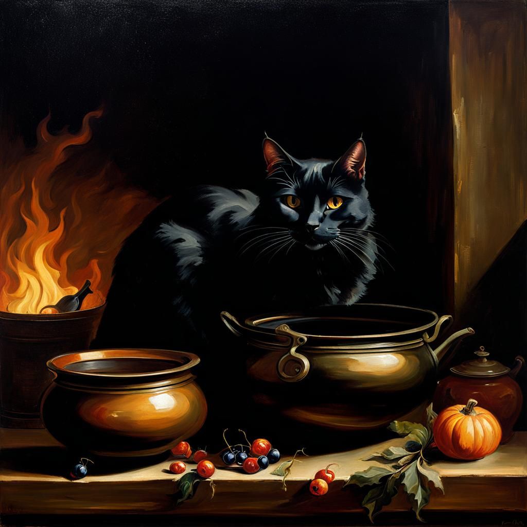 Black Cat and Cauldron: Baroque Still Life
