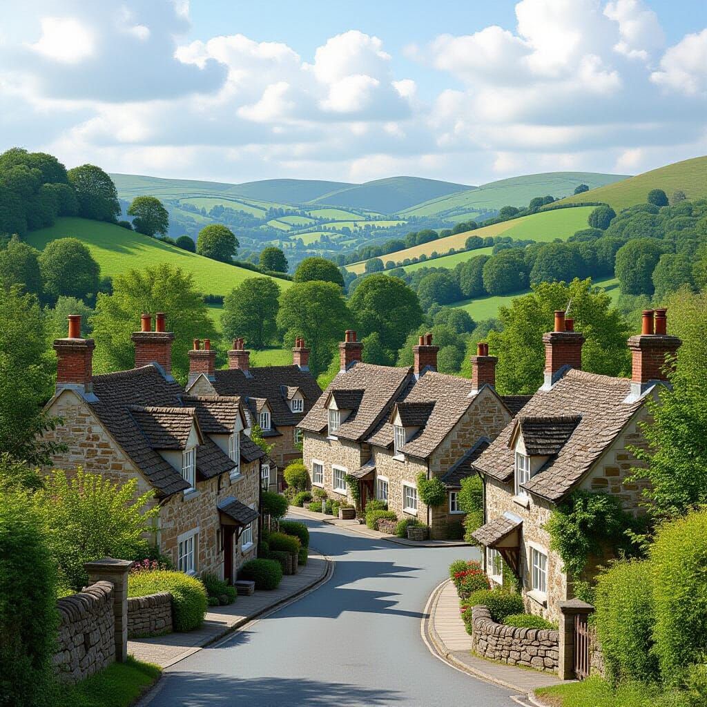 Idyllic Village Scene Inspired by Classic Pastoral Art