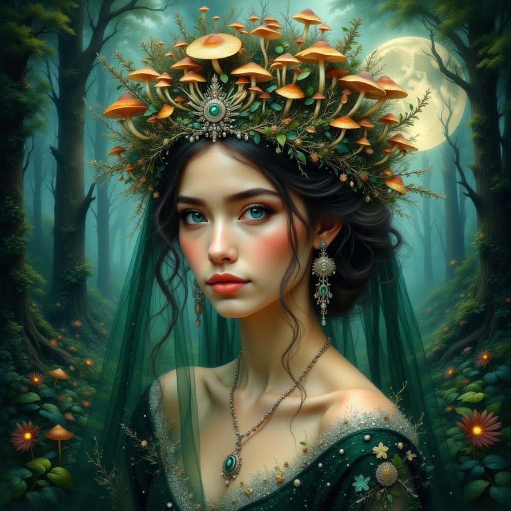 Regal Queen with Mushroom Tiara in Moonlit Glade