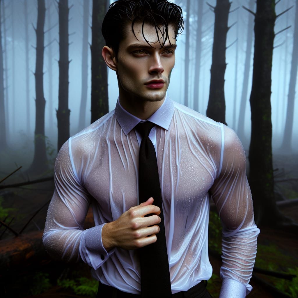 Attractive Vampire Man in Misty Forest, Hyper-Realistic