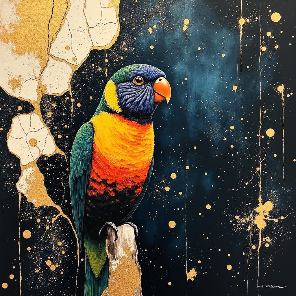 Rainbow Lorikeet on Shattered Glass, Action Painting