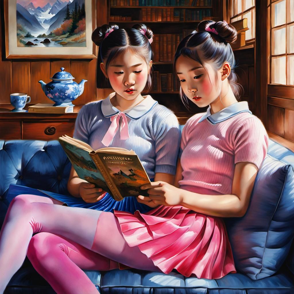 Japanese Sisters Reading Adventure Book in Watercolor