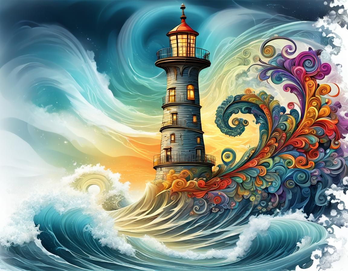 Lighthouse Rising from Stormy Sea: Digital Illustration