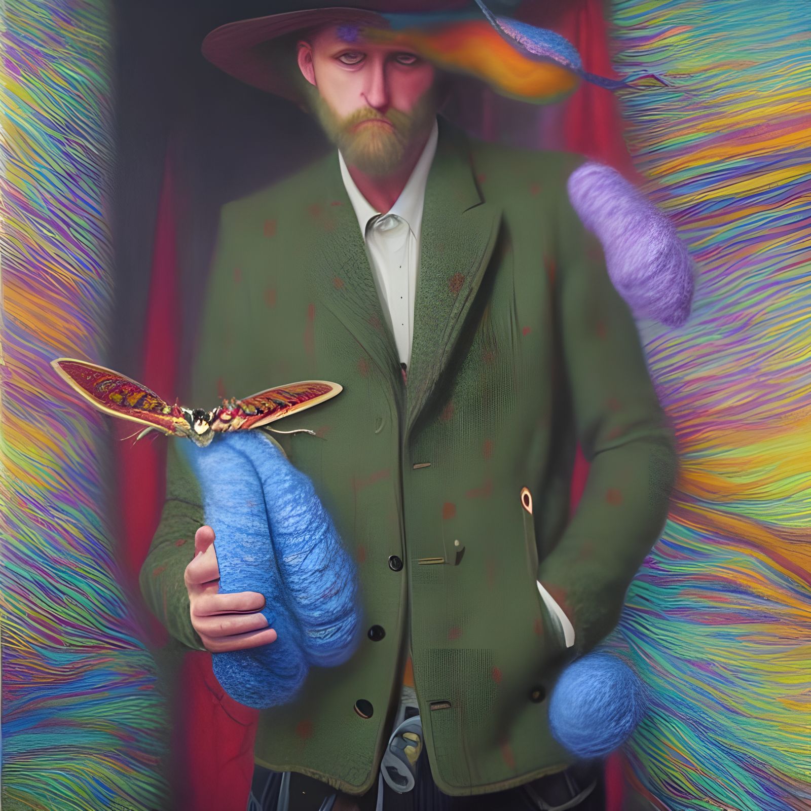 Psychedelic Moths Devour Wool Jacket as Oil Painting