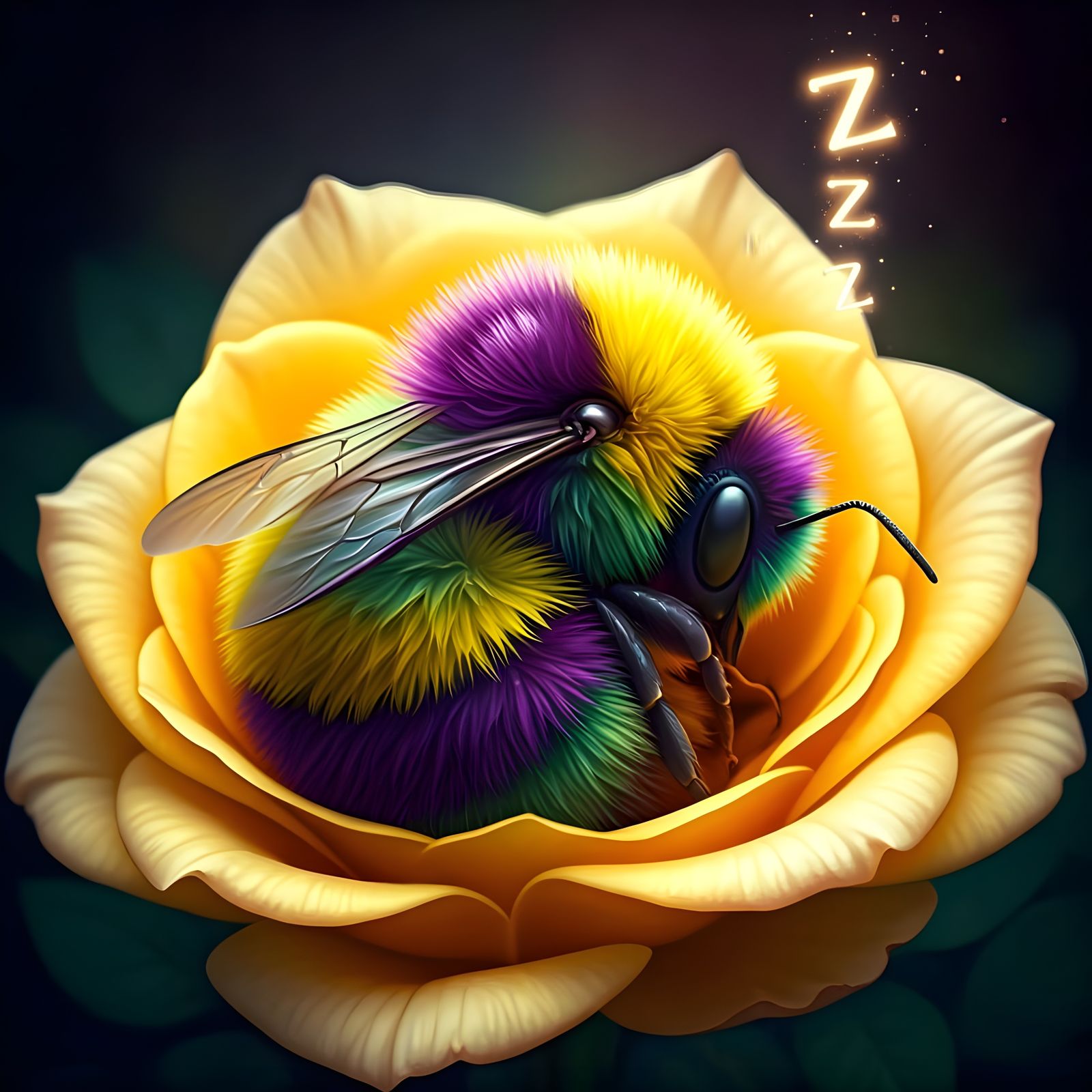 Fluffy Bumble Bee Asleep in Yellow Rose