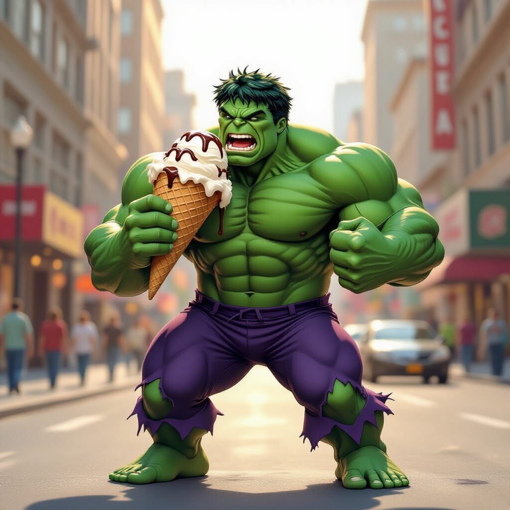 Hulk Enjoys an Ice Cream Cone in City Street
