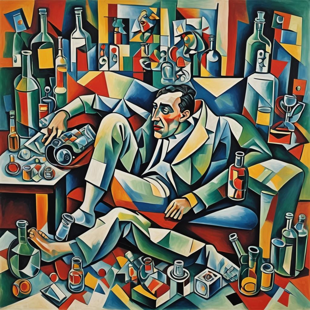 Cubist Fauvist Man Taking Medicine on Couch