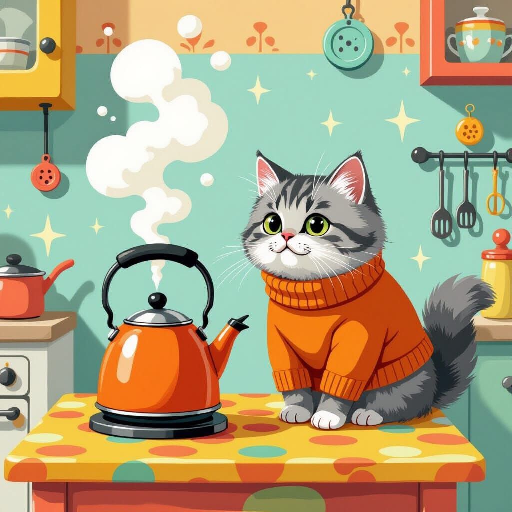 Fluffy Cat in Orange Sweater Watches Boiling Kettle