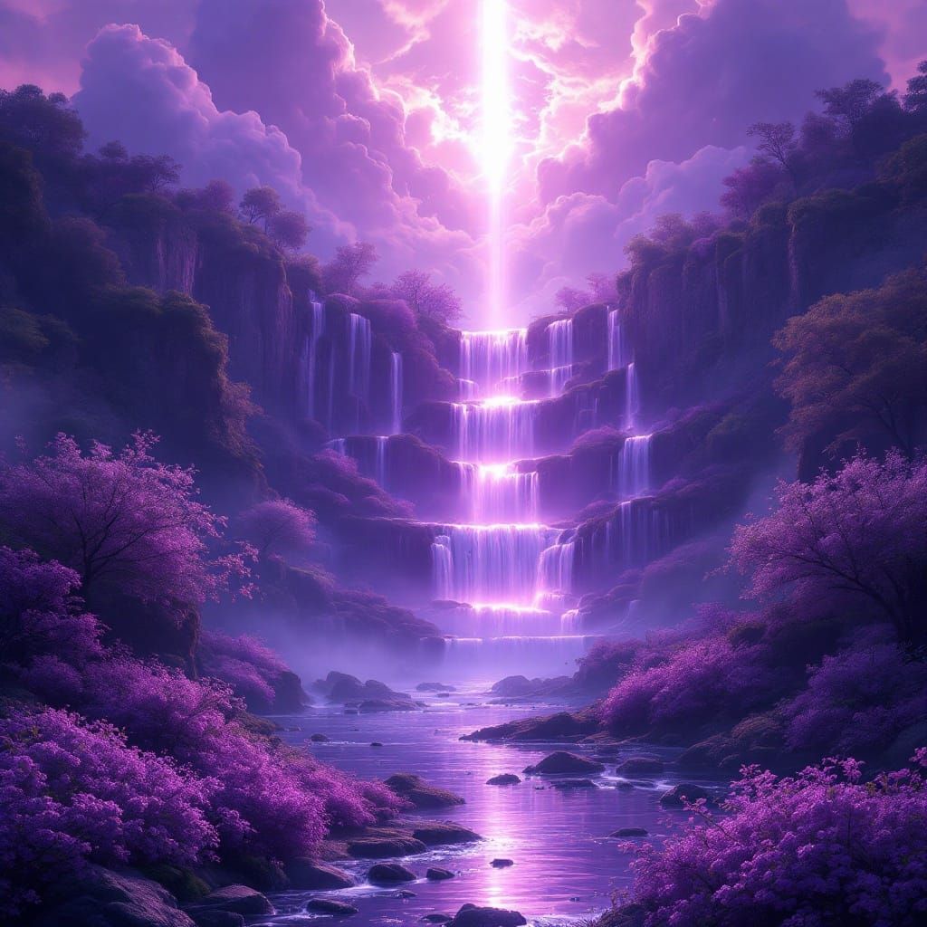 Glowing Purple Waterfall Cascading from Sky