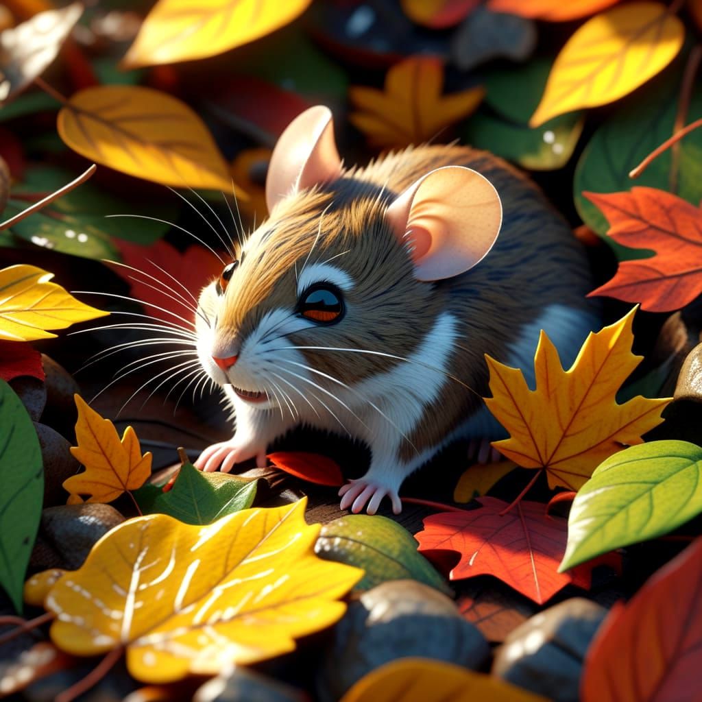 Cute Mouse Hiding in Autumn Leaves