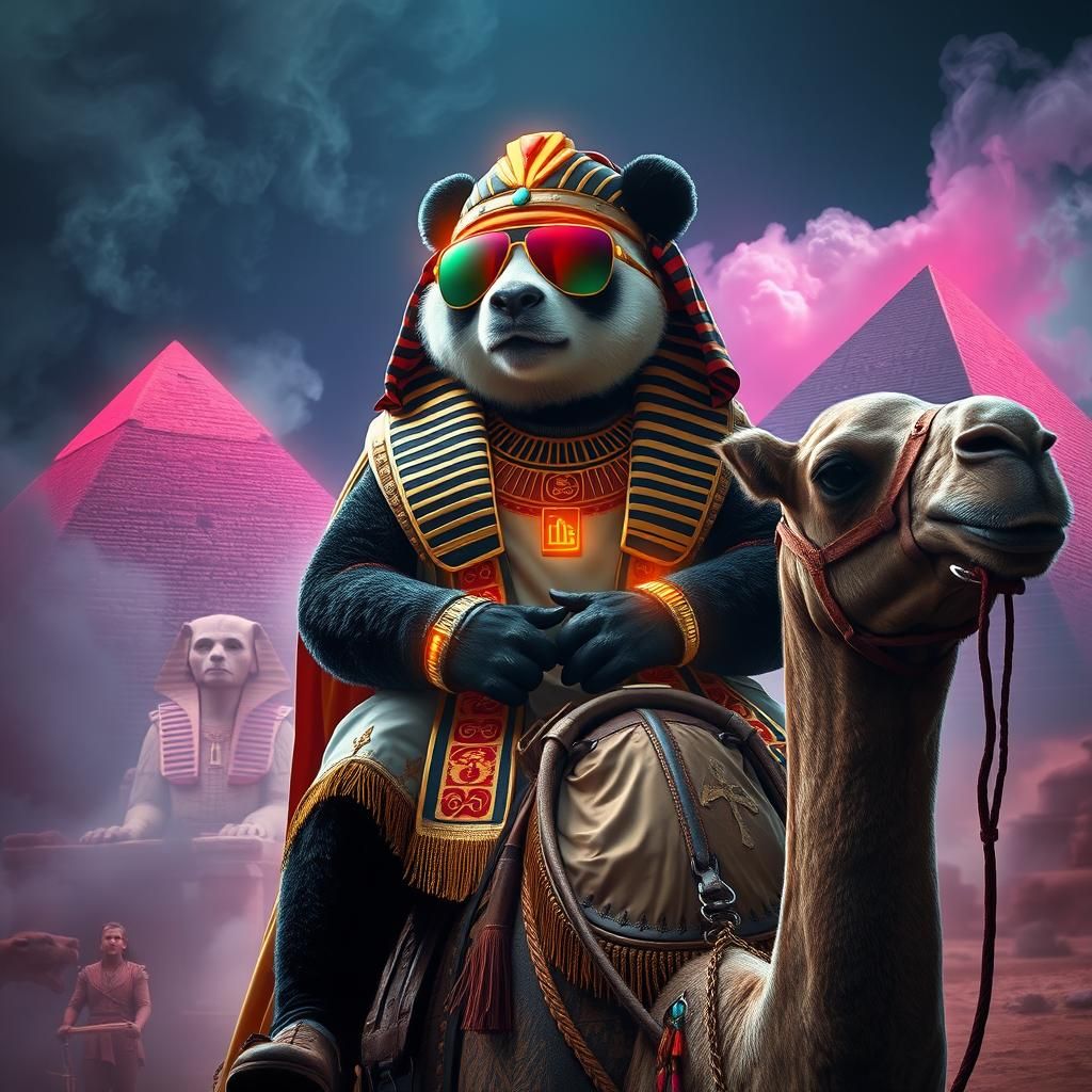 Cyberpunk Panda Rides Camel in Egypt