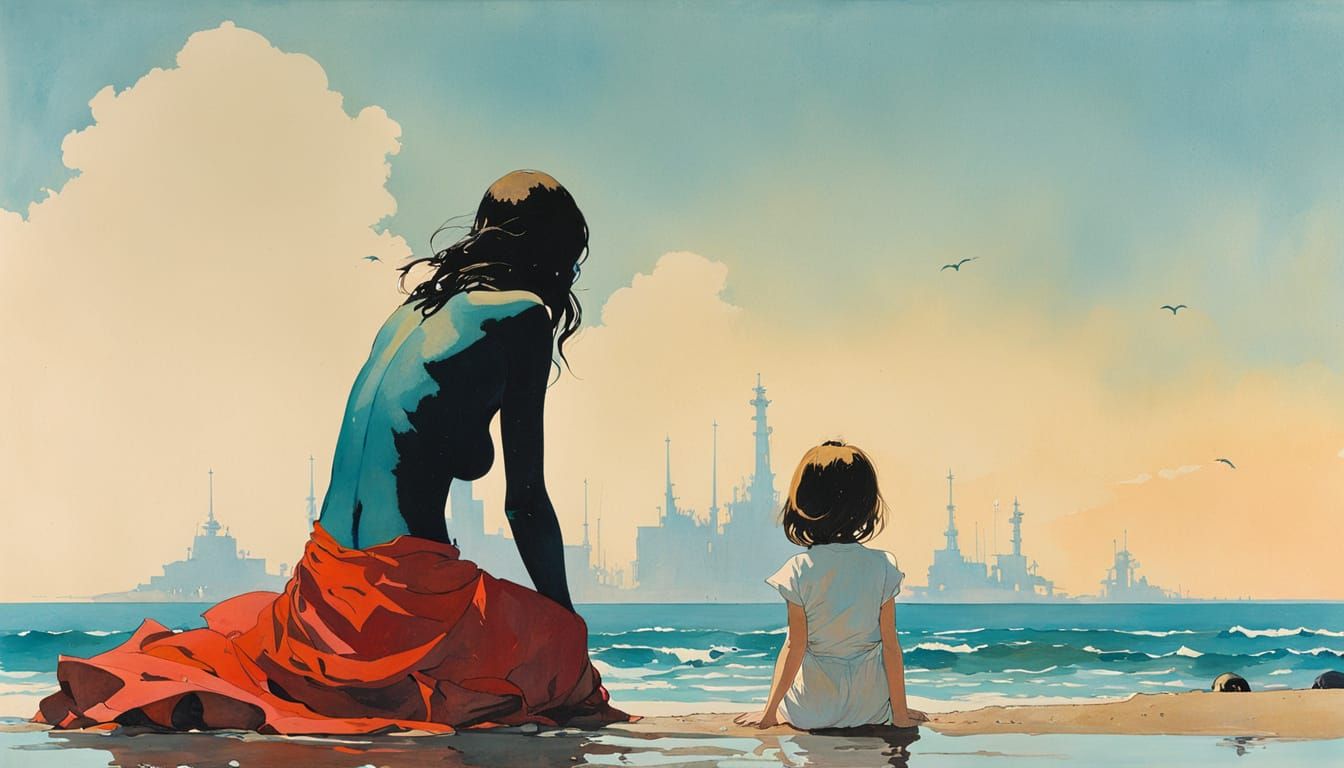 Woman and Daughter Contemplate Ocean and Giant Robots