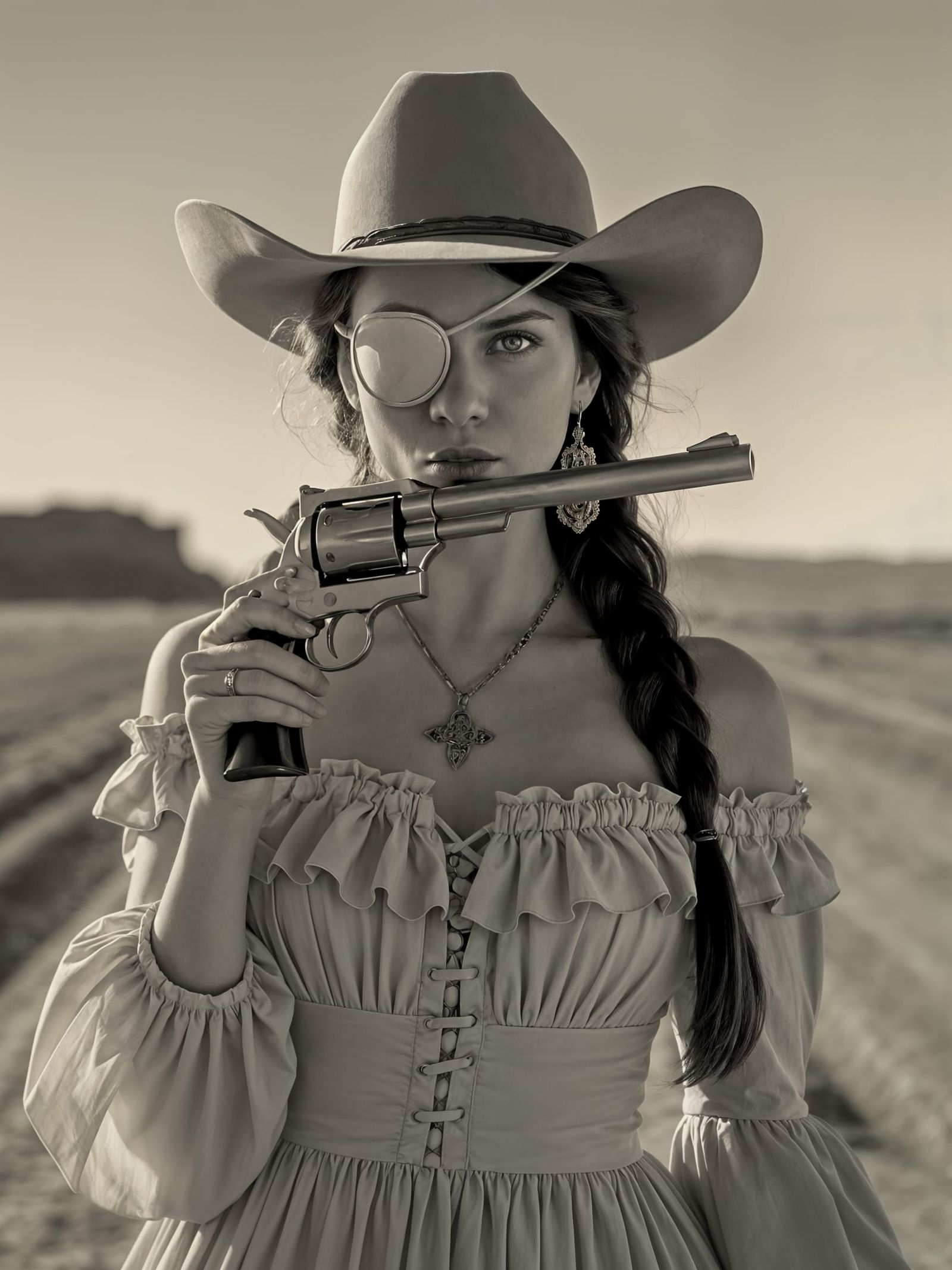 Cowgirl Kisses Revolver in Sepia Spaghetti Western Style