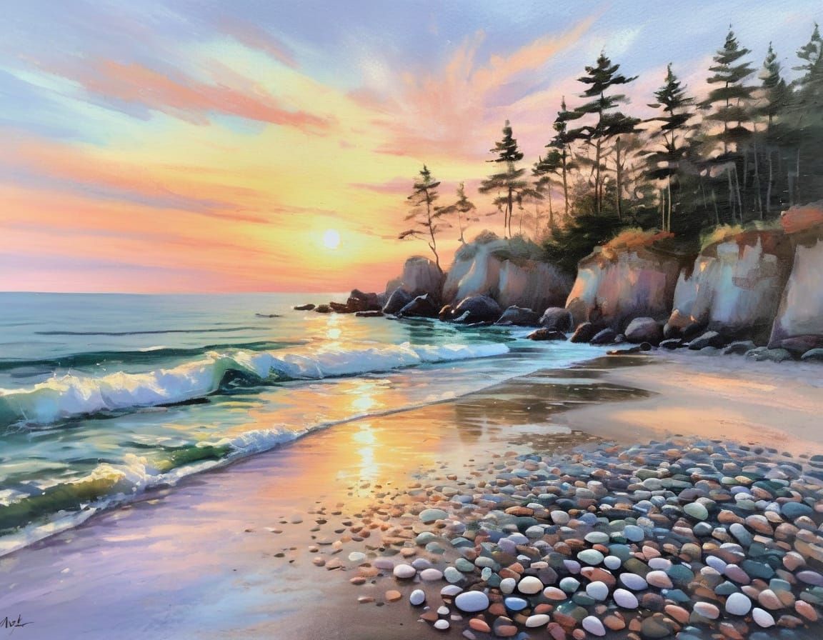 Impressionist Painting of a Serene Dawn Beach Cove