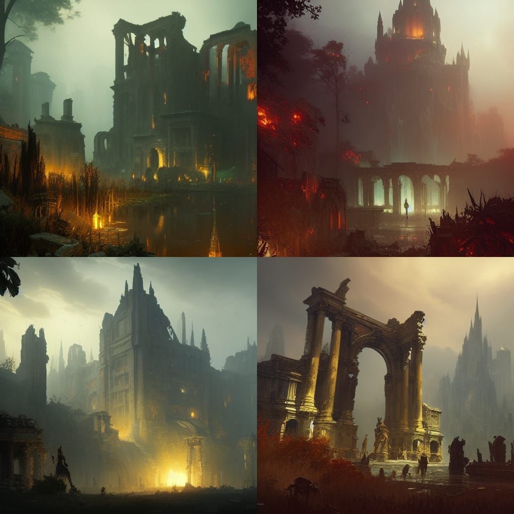 Dark Fantasy Ruins in Art Nouveau Style