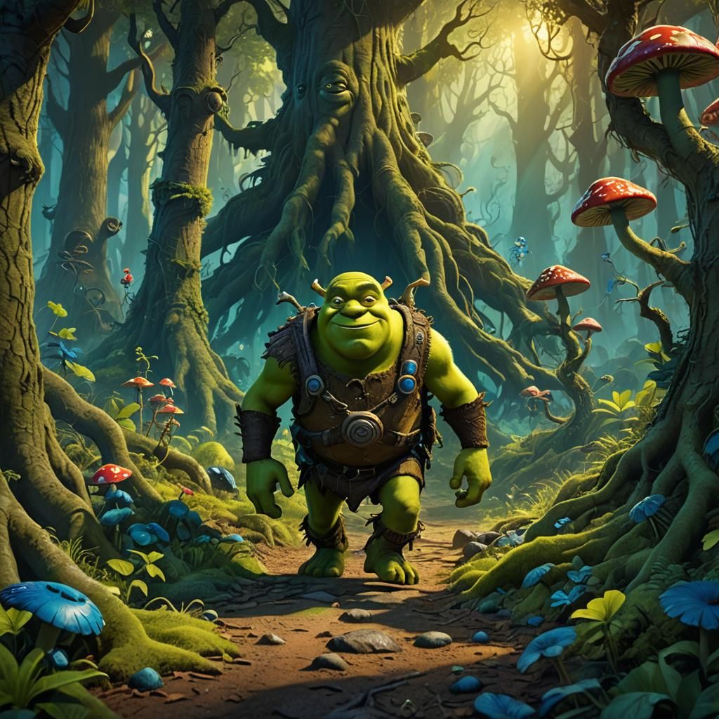 Shrek and Minion in Mystical Forest Concept Art