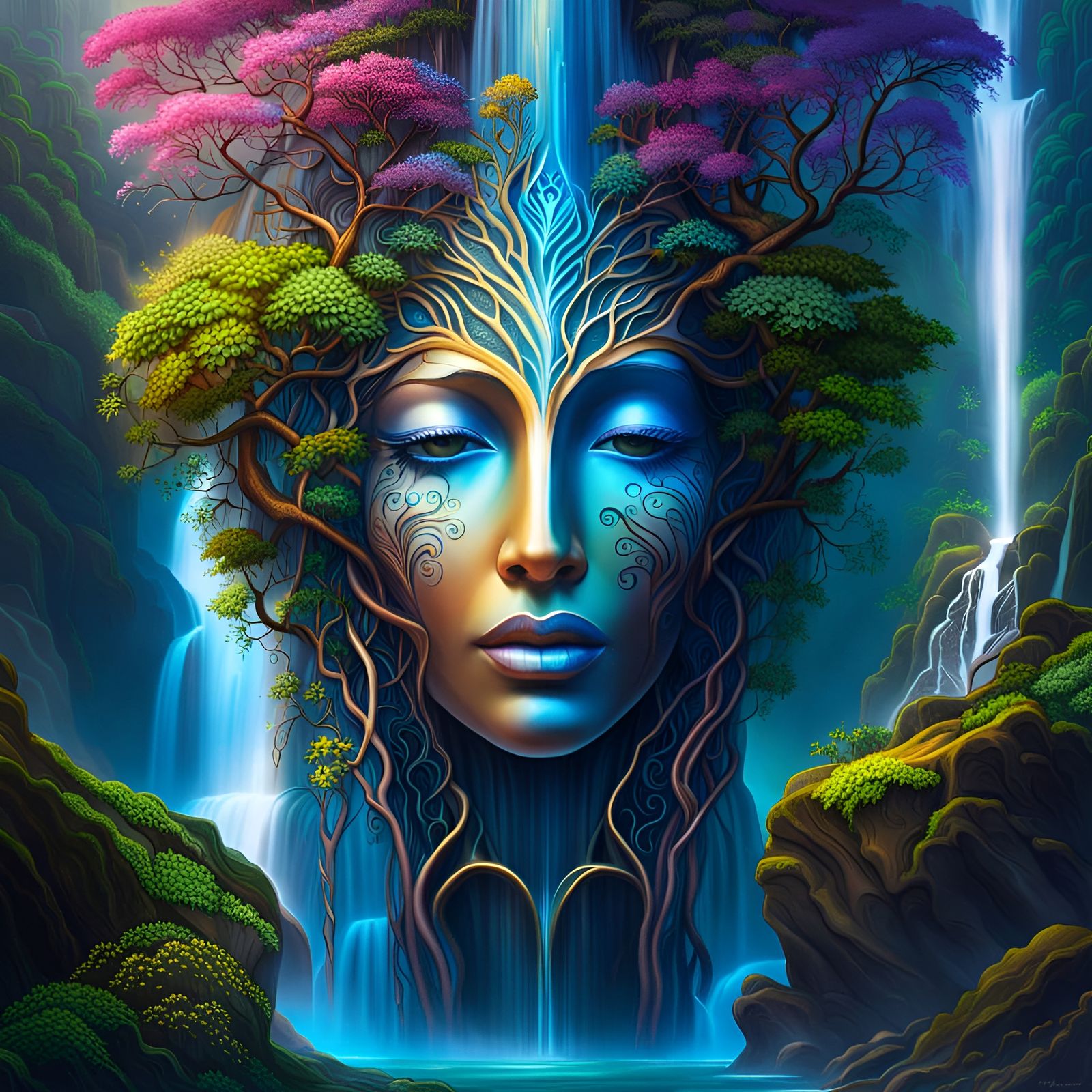 Goddess of Life in Surreal Dreamscape Waterfall
