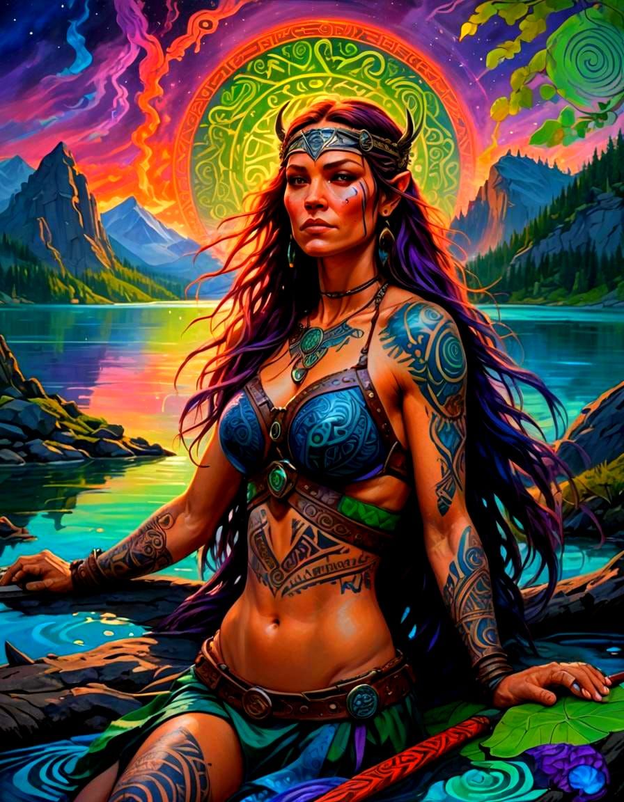 Viking Beauty Sunbathing: Historical Fantasy Oil Painting