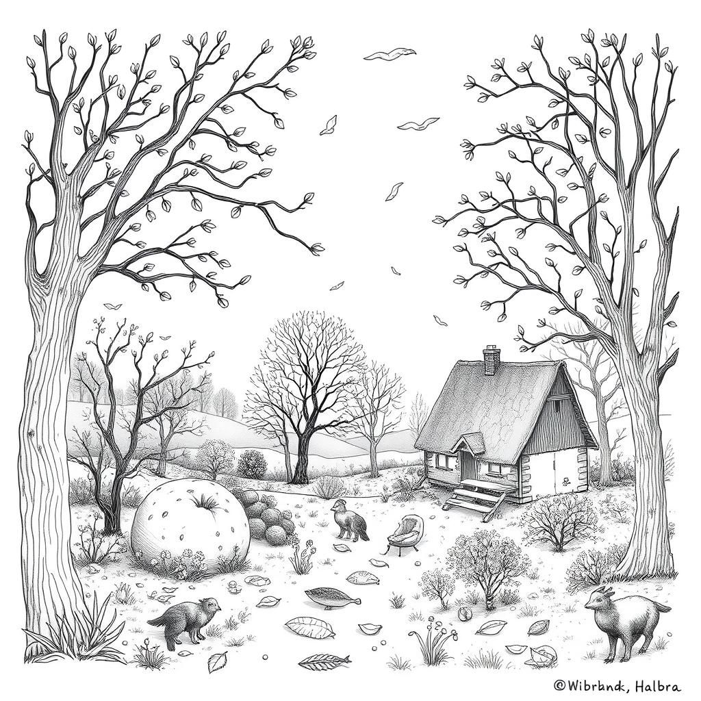 Autumnal Scene in Expressionist Line Art Style