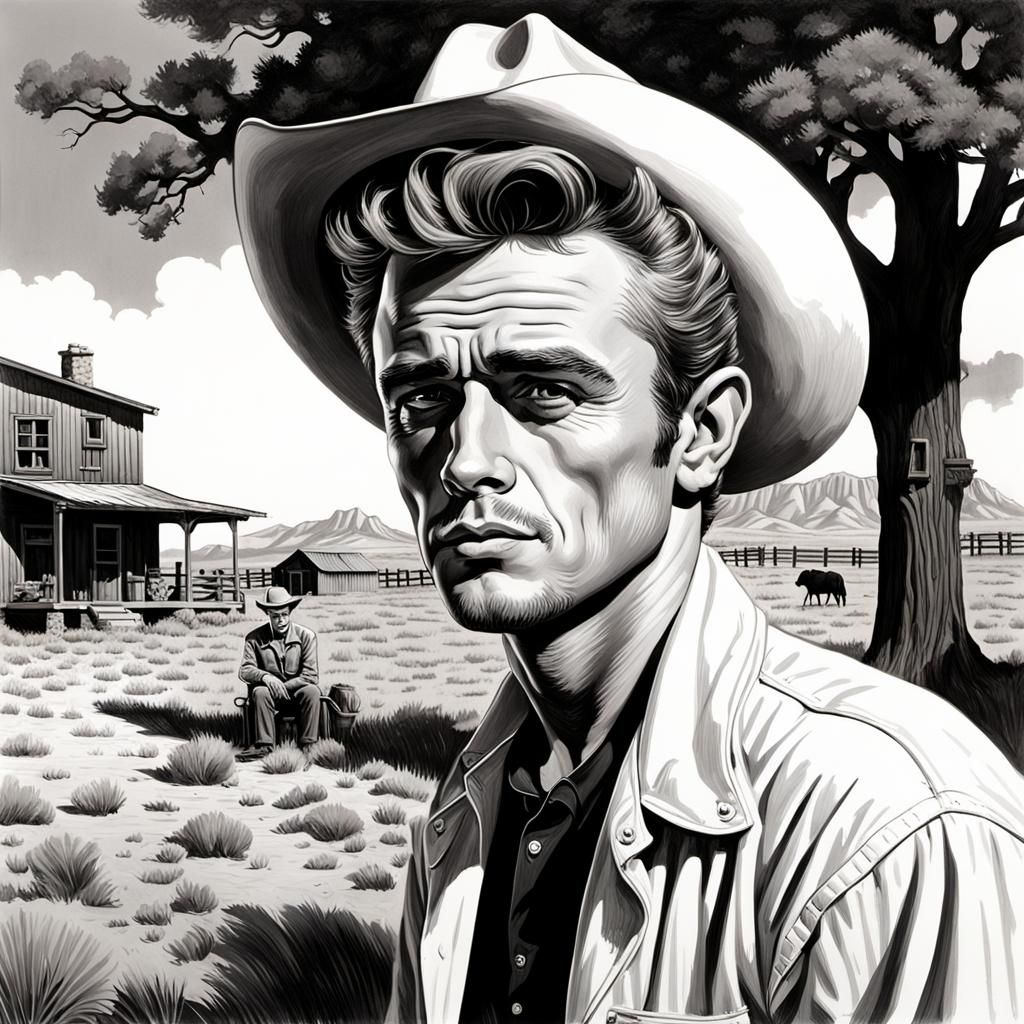 Porträt von James Dean vor einer Western Ranch