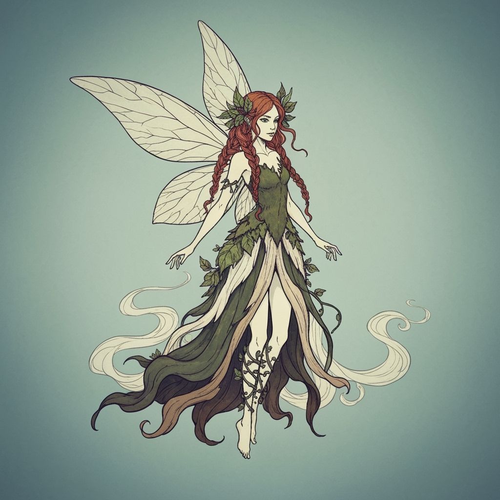 Ethereal Fairy in Earthy Attire: Ink Drawing Style
