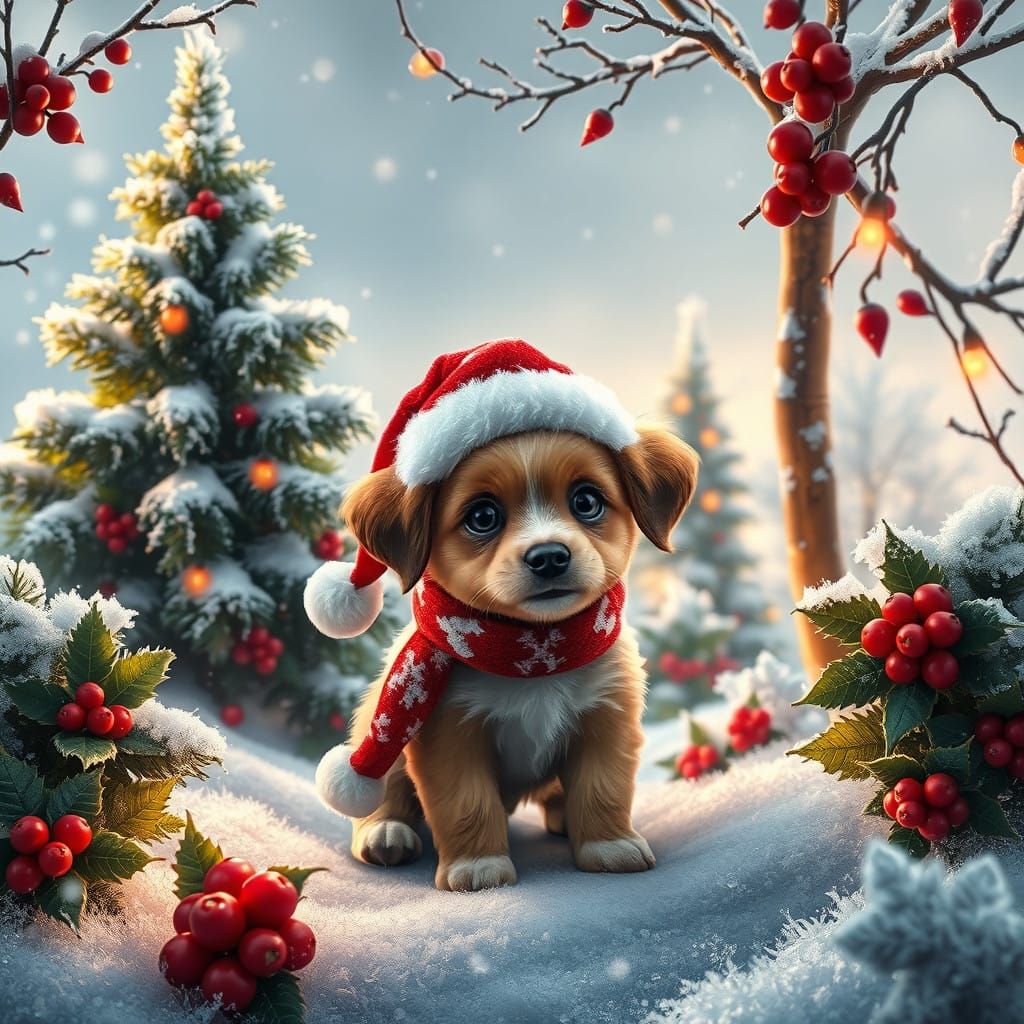 Whimsical Christmas Wonderland with a Festive Puppy