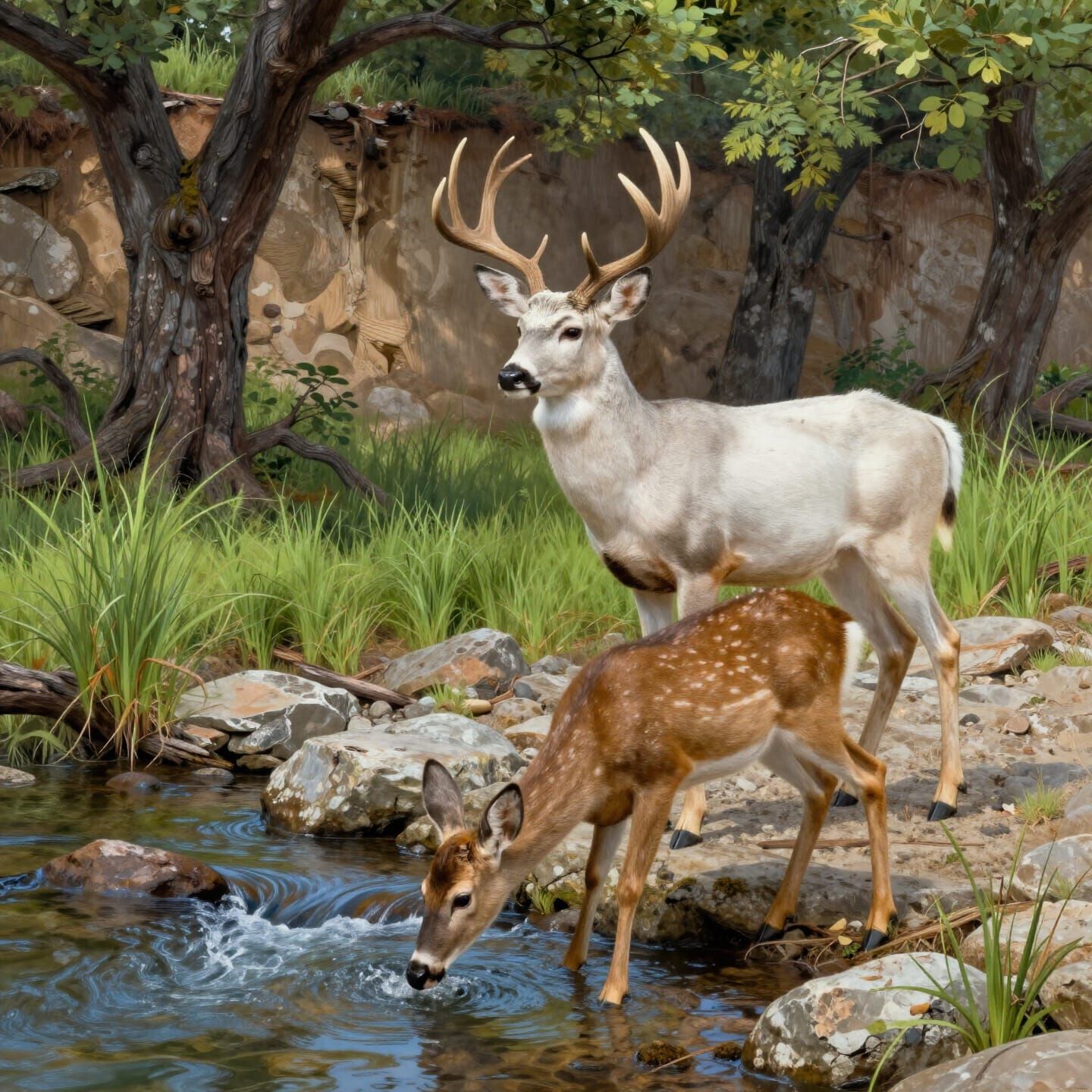 Majestic Buck Watches Doe Drink in Texas Hill Country Creek