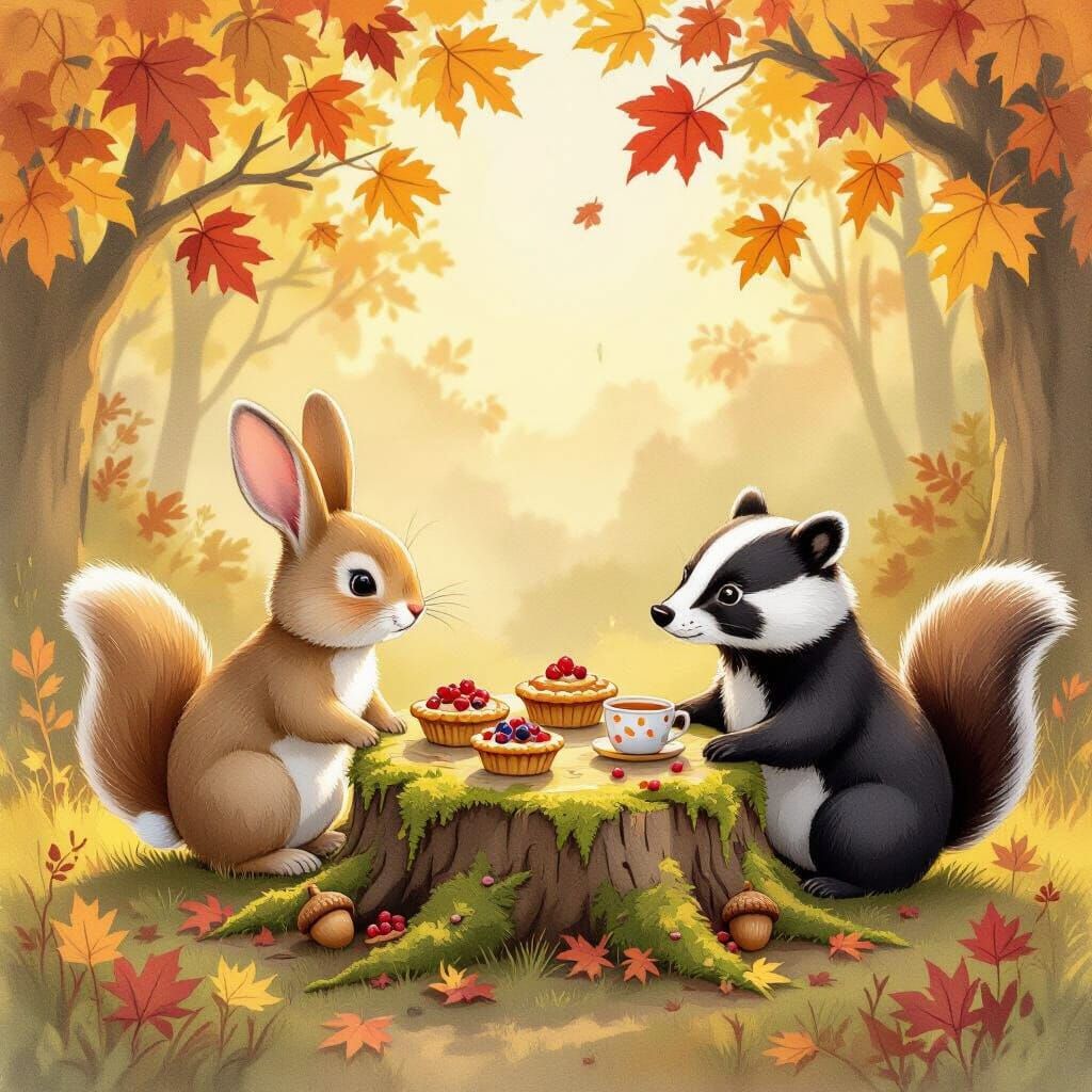 Woodland Creatures Enjoy Berry Pies in Golden Light