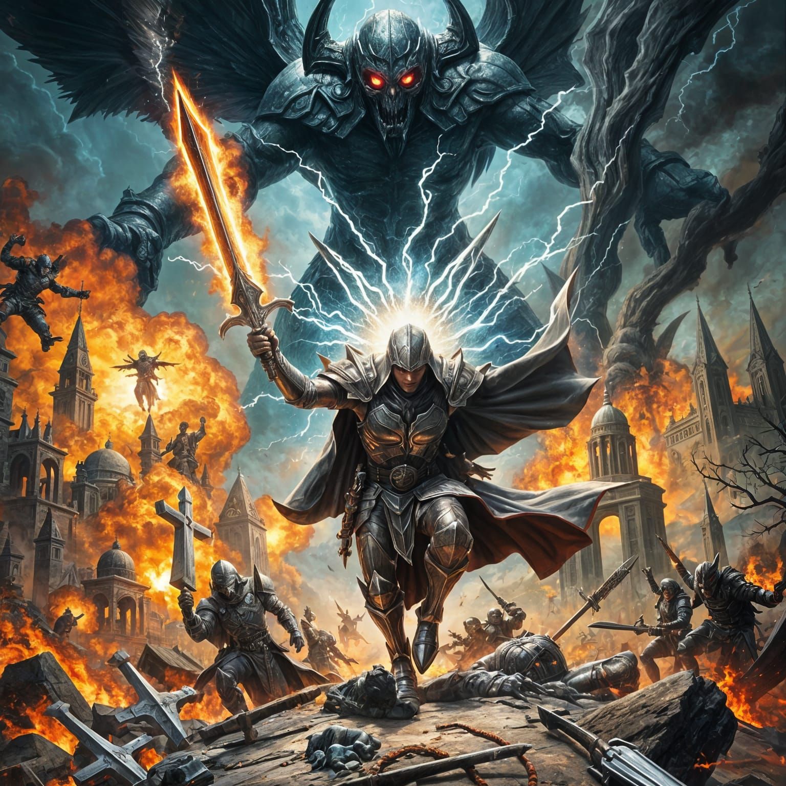 Epic Battle Between Good and Evil in Mythic Style