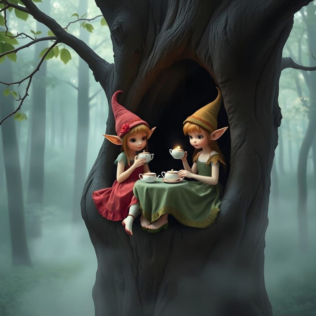Whimsical Elves Tea Party in Foggy Forest Tree Hollow