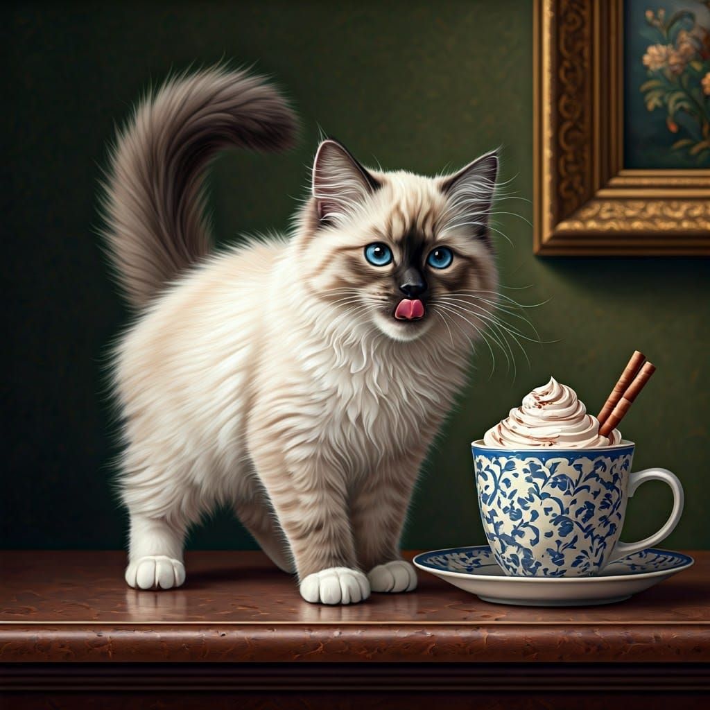 Fluffy Ragdoll Kitten Licks Cocoa in Victorian Style