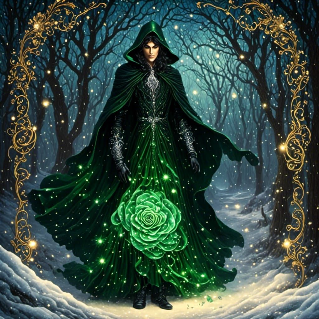 Dark and Mysterious Figure with a Green-Eyed Rose