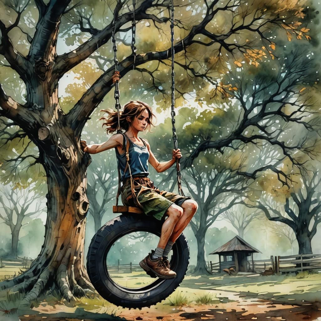 Tire Swing on Grandpa's Farm: Watercolor Illustration