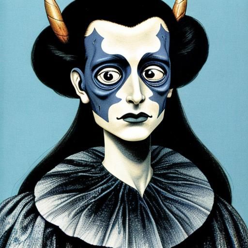 Sad Harlequin Lady With Horns