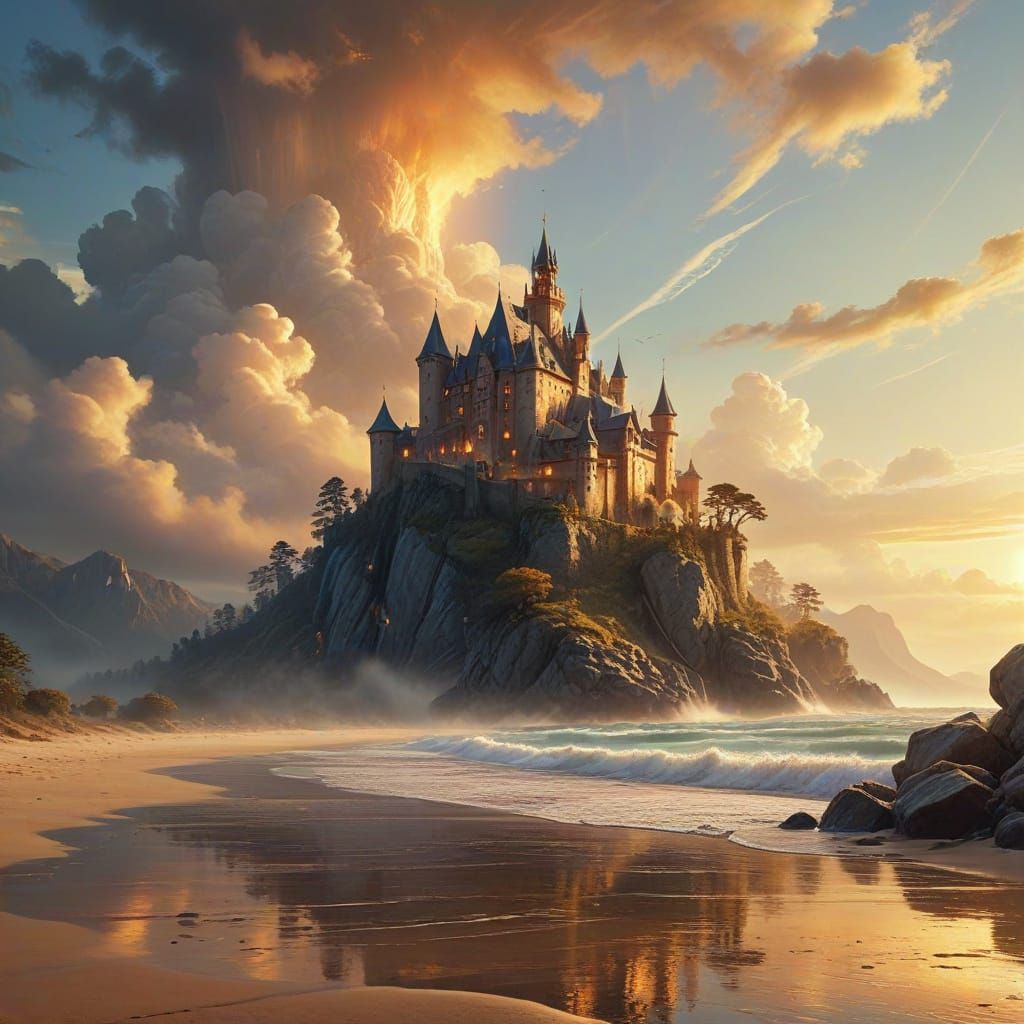 castle mountain dawn beams epic fantasy holy beach summer