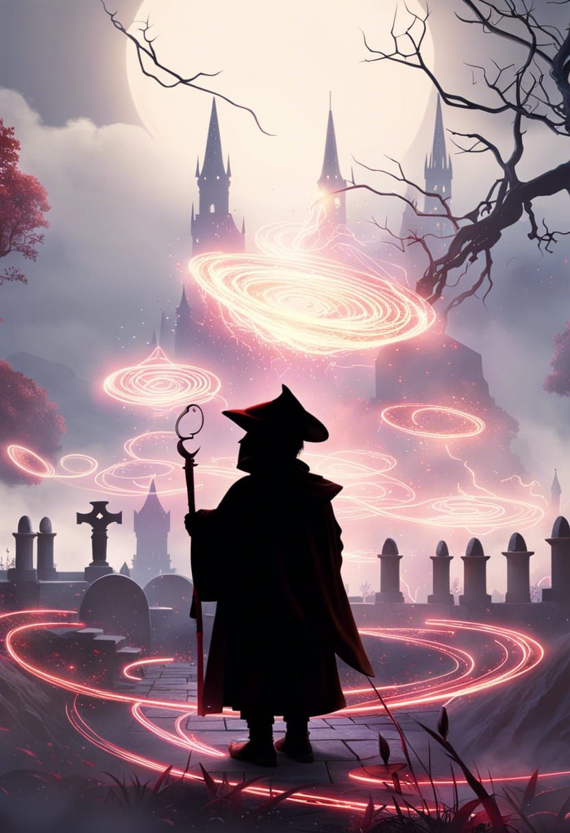 Halfling Wizard Silhouette in Cemetery with Red Magic