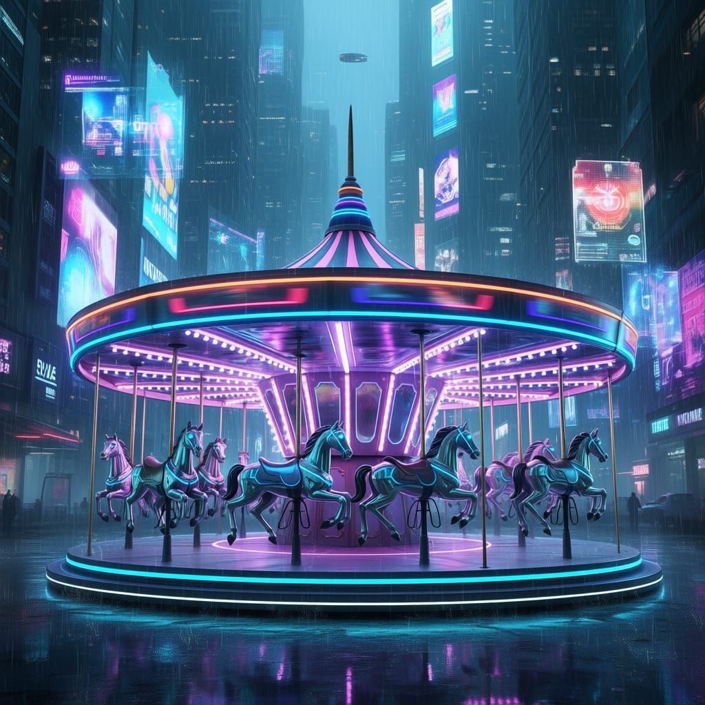 Cyberpunk City Carousel With Robotic Animals