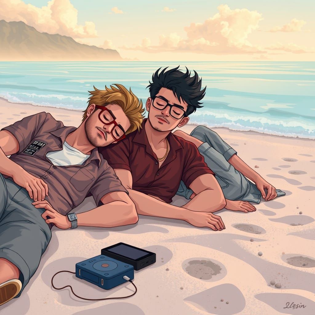 Stylish Geek Men Relaxing on a Beach with Music
