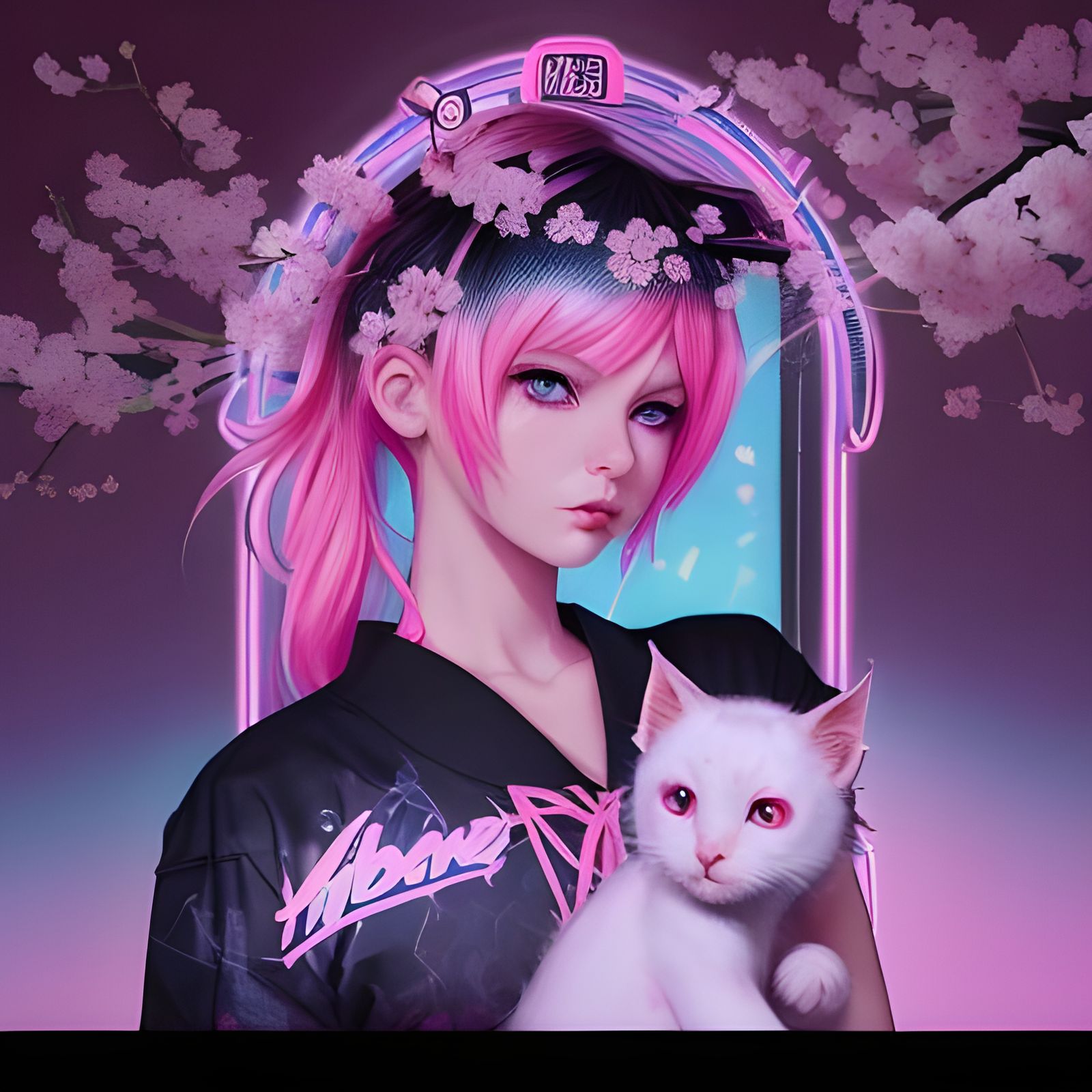 Vaporwave Kitten with Cherry Blossoms and Roman Bust