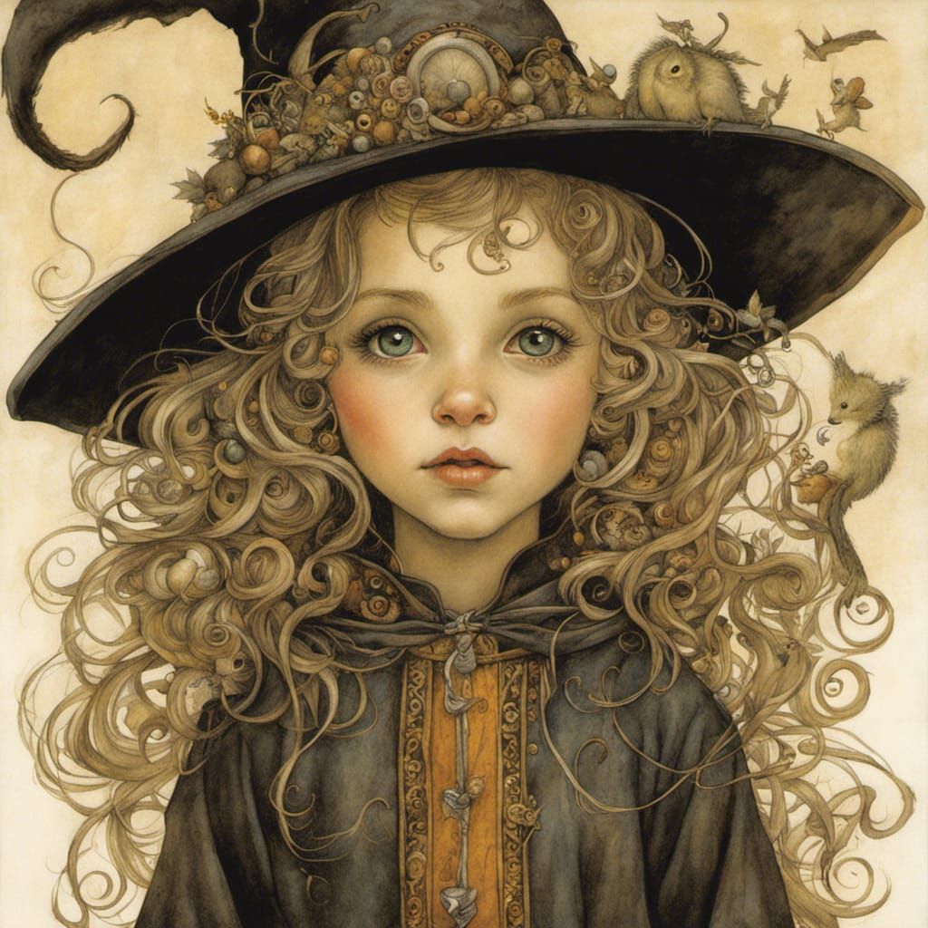 Whimsical Young Witch in Decorative Art Style