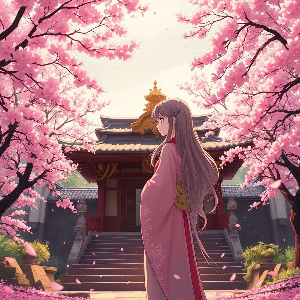 Serene Girl in Whimsical Cherry Blossom Landscape